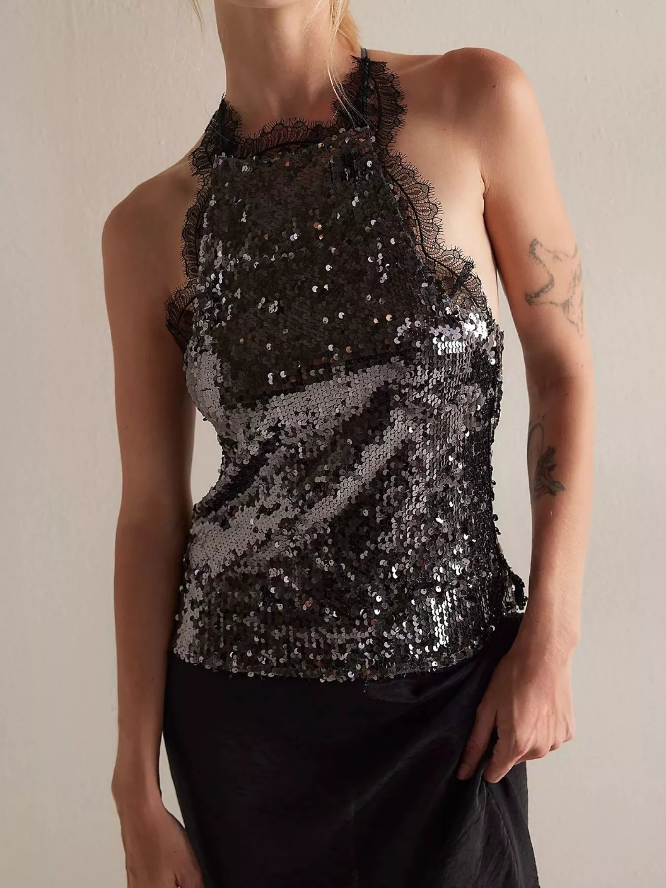 Sequin Lace Trim Halter Neck Cami 