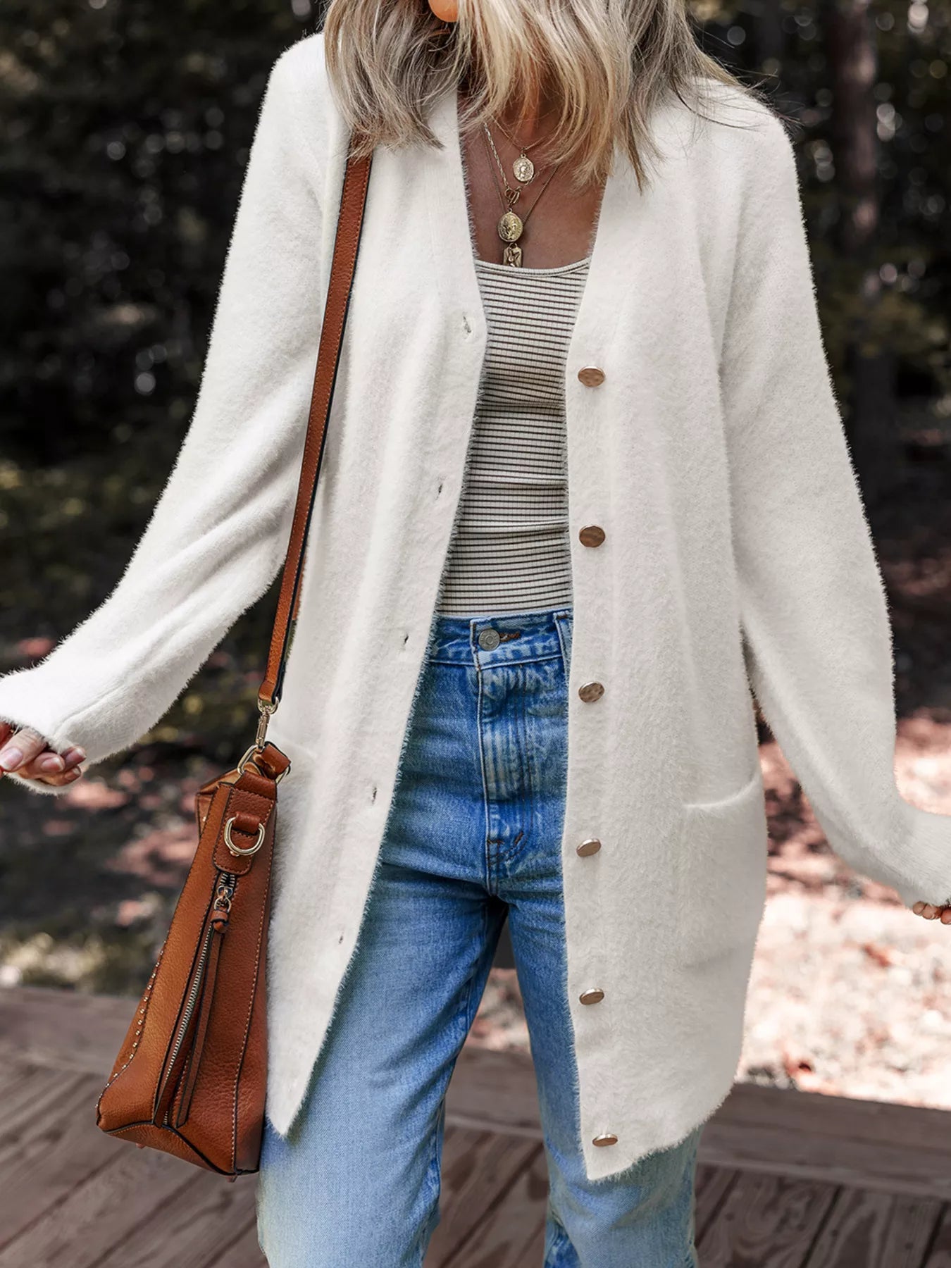 Fuzzy Buttoned Front Cardigan with Pockets 
