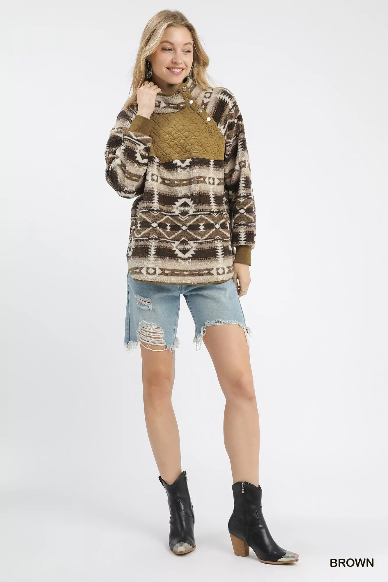 Umgee Aztec Print Sherpa Pullover 