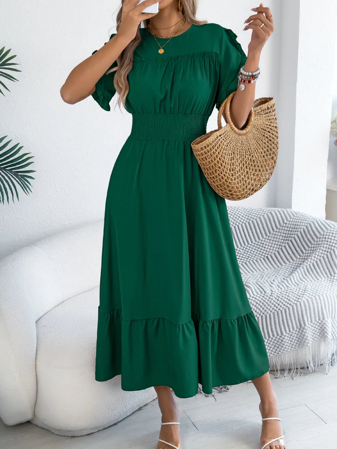 Smocked Frill Round Neck Midi Dress 