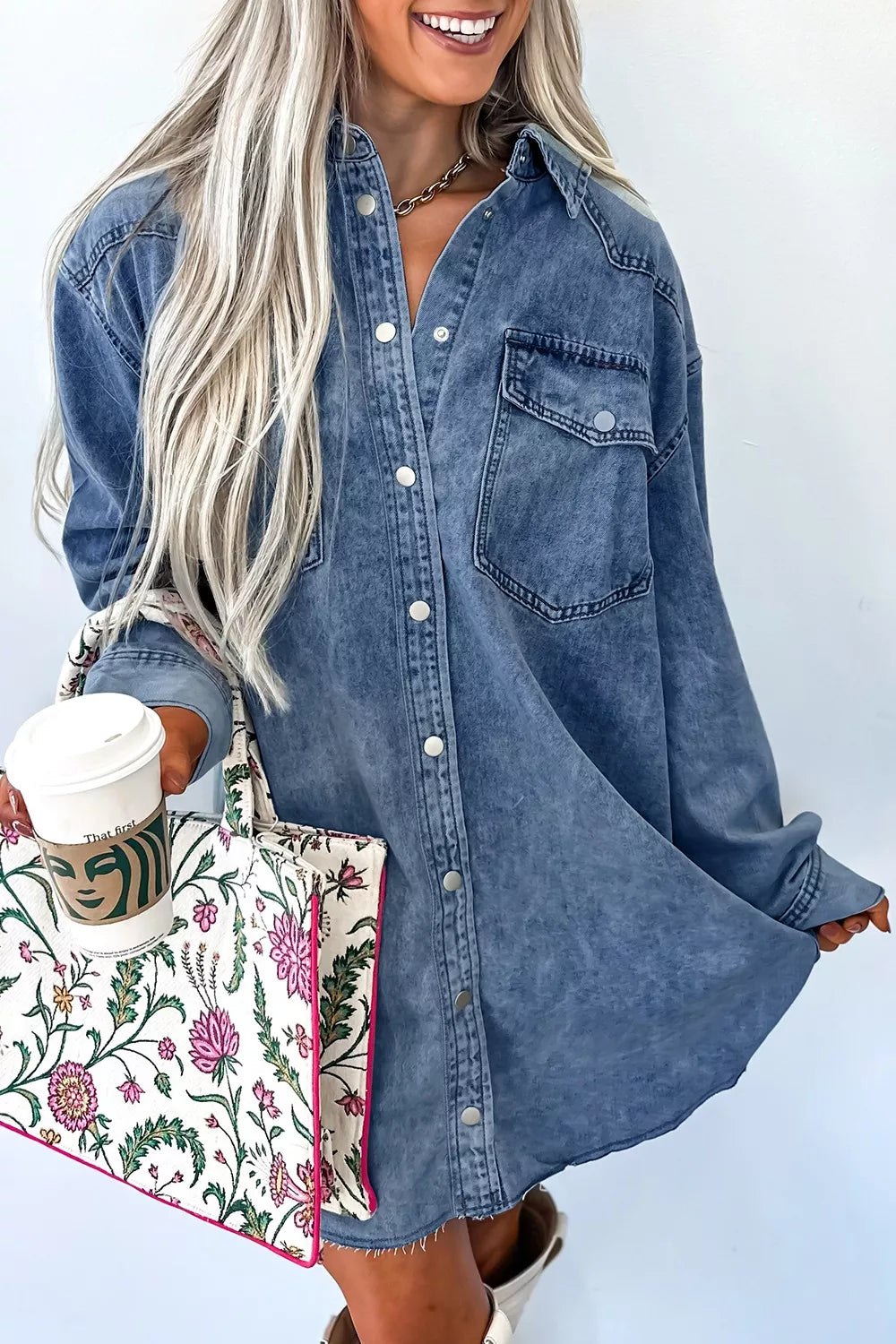 Vintage Wash Button-Down Denim Dress 