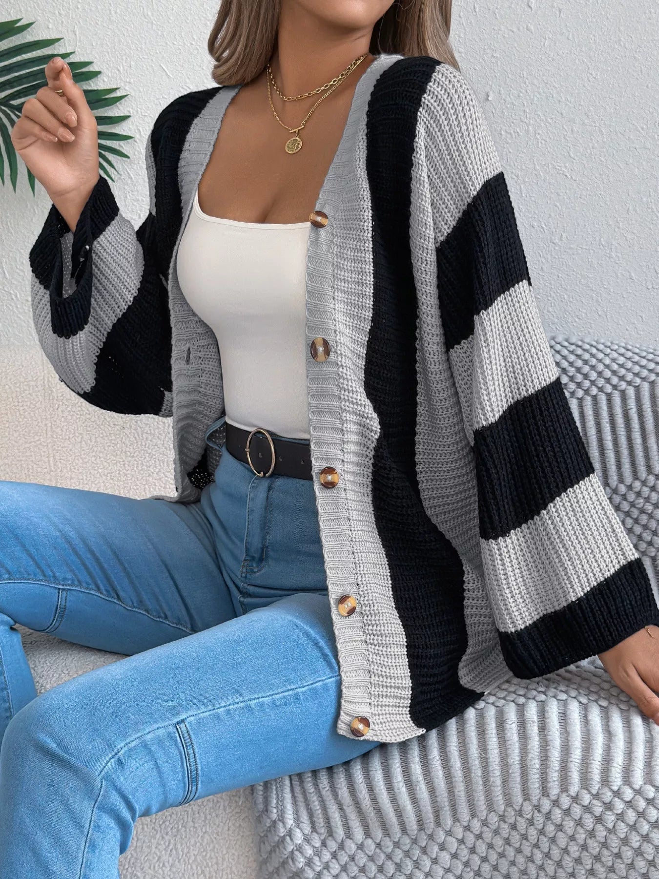 Color Block Button-Up Cardigan 
