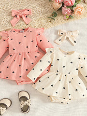 Children's Heart Print Ruffle Trim Bodysuit Dress with Headband 