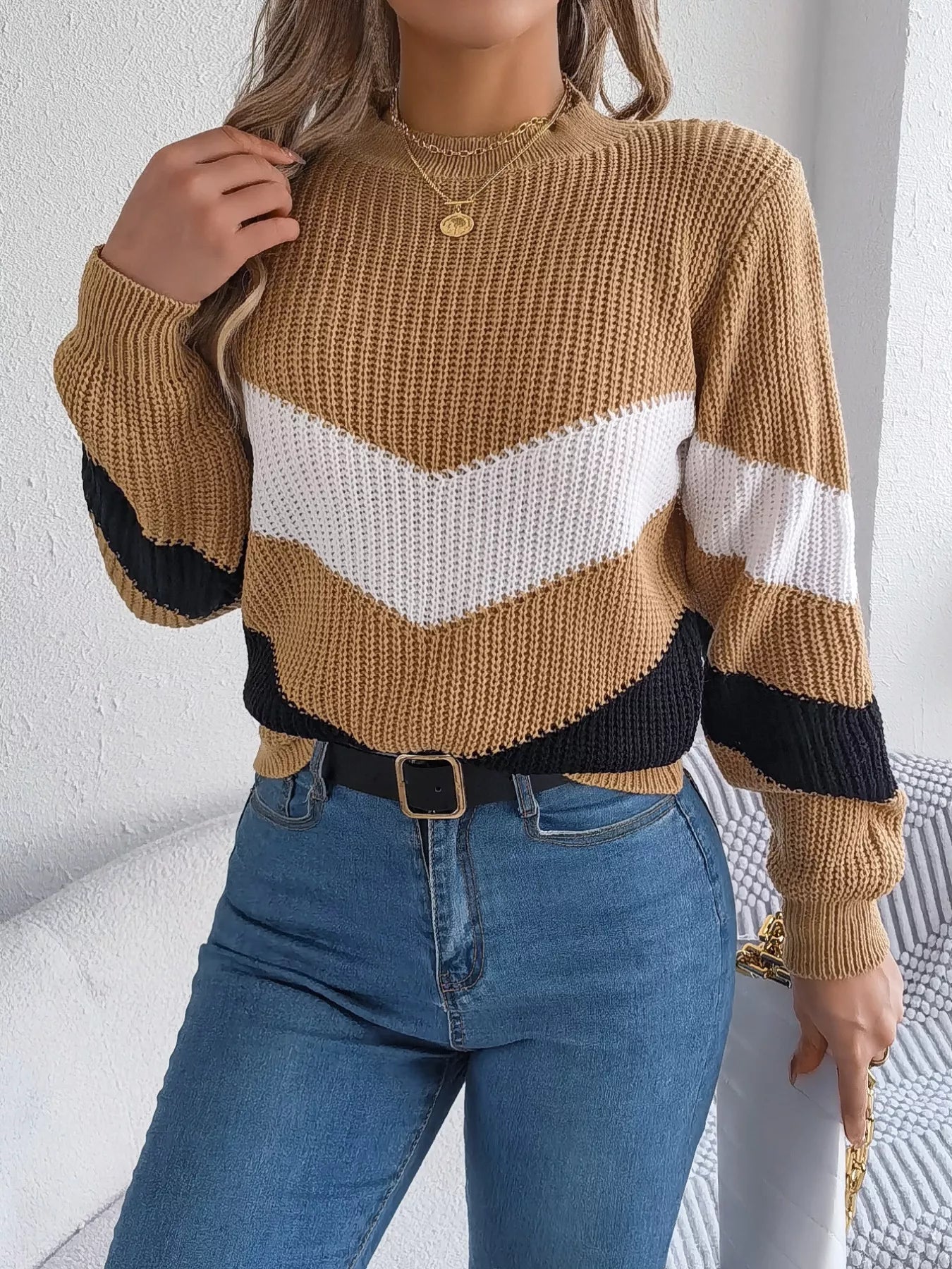 Chevron Stripe Color Block Round Neck Sweater 