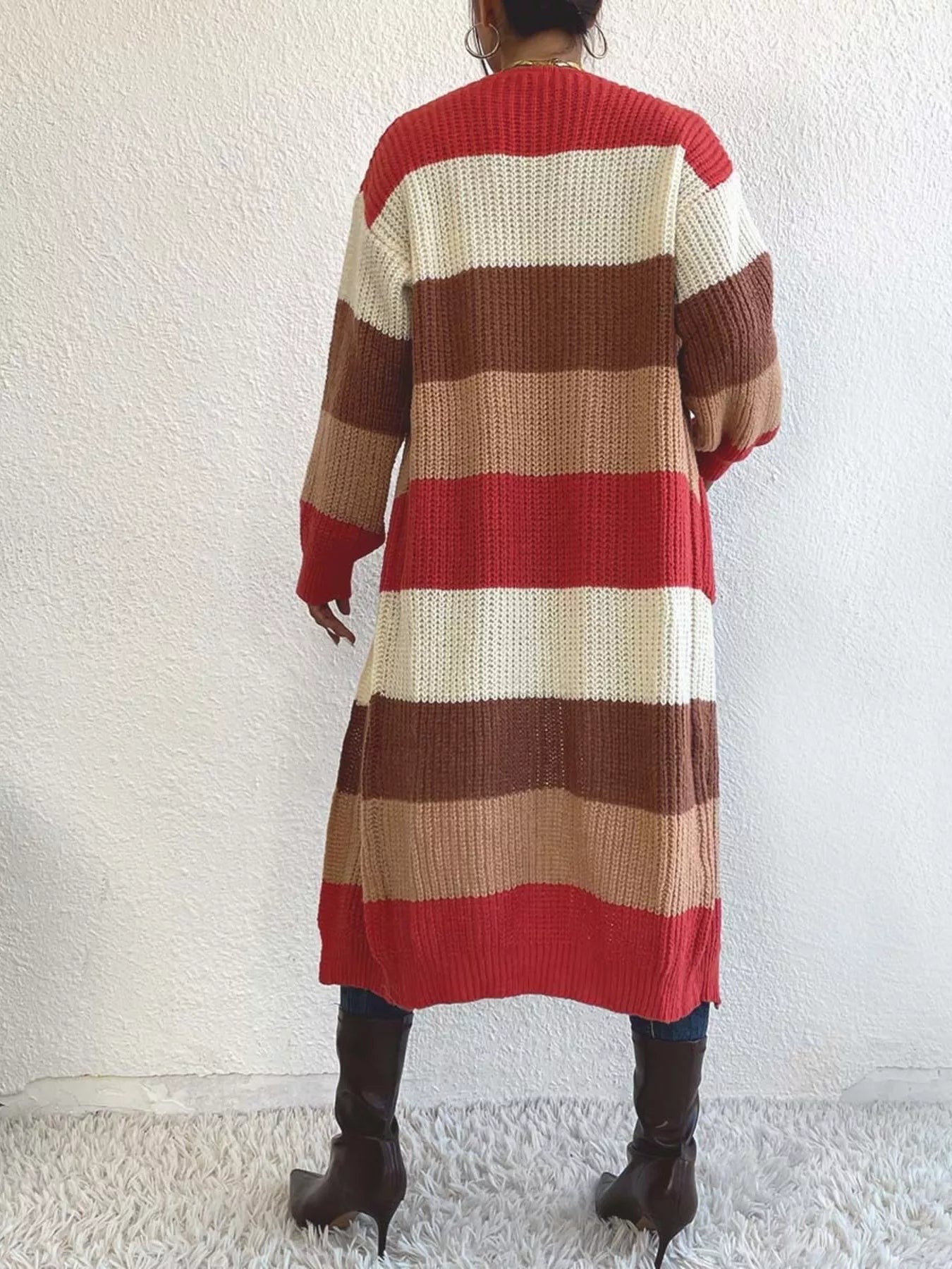 Striped Color Block Open Front Knit Cardigan 