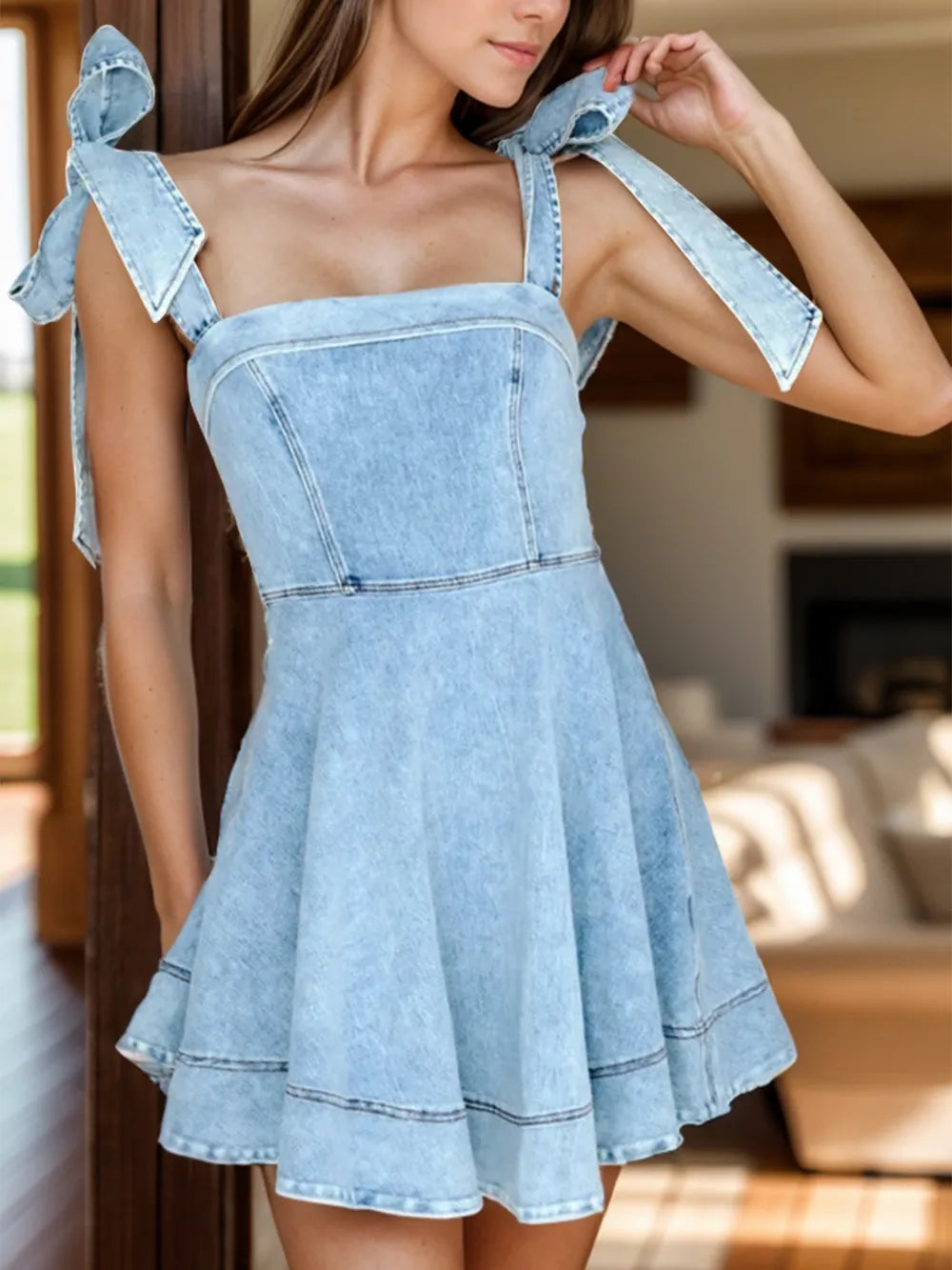 Square Neck Tie Shoulder Denim Dress 