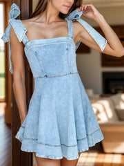 Square Neck Tie Shoulder Denim Dress 