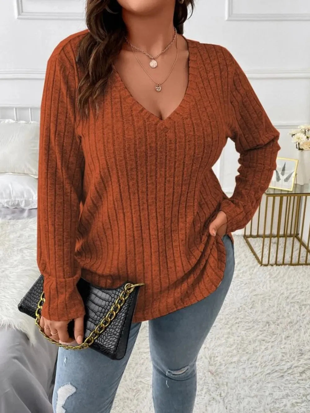 Plus Size V-Neck Long Sleeve T-Shirt 