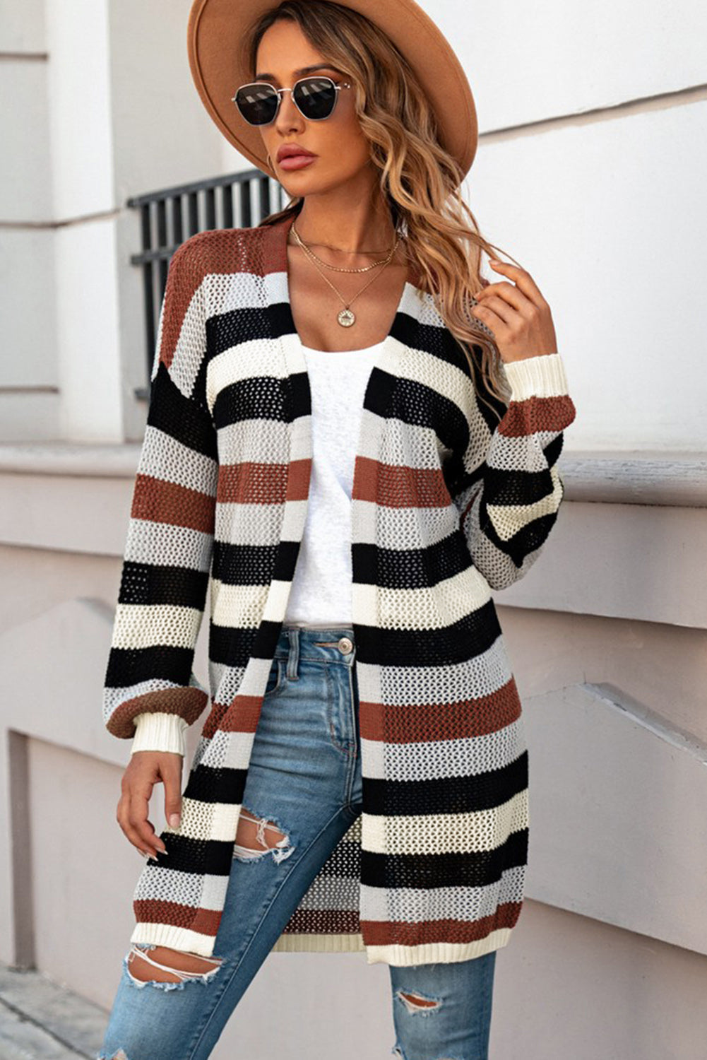 Full Size Striped Long Sleeve Openwork Cardigan 