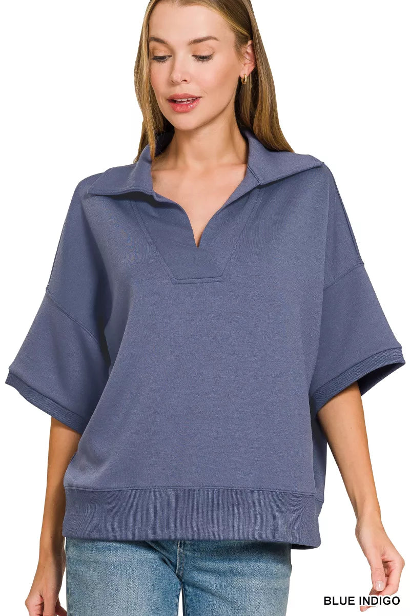 Zenana Scuba Collared Short Sleeve Pullover 