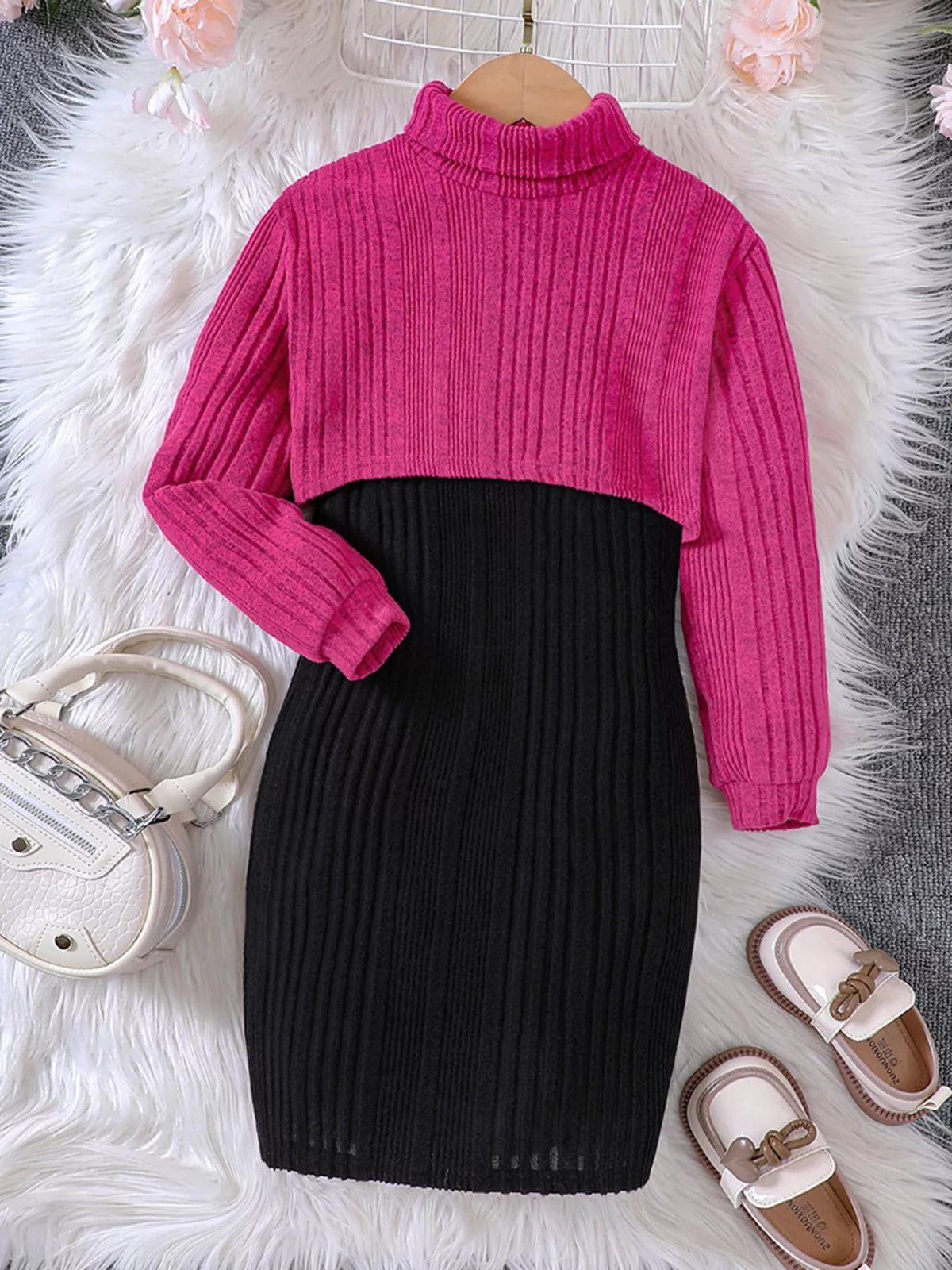 Children's Ribbed Knit Two-Tone Dress Set 