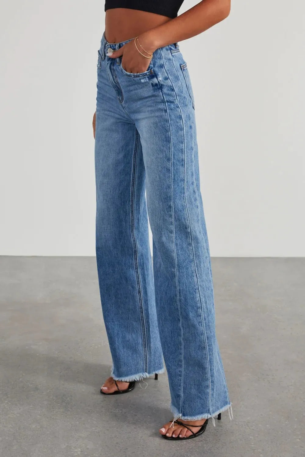 Raw Hem Wide Leg Jeans with Pockets 
