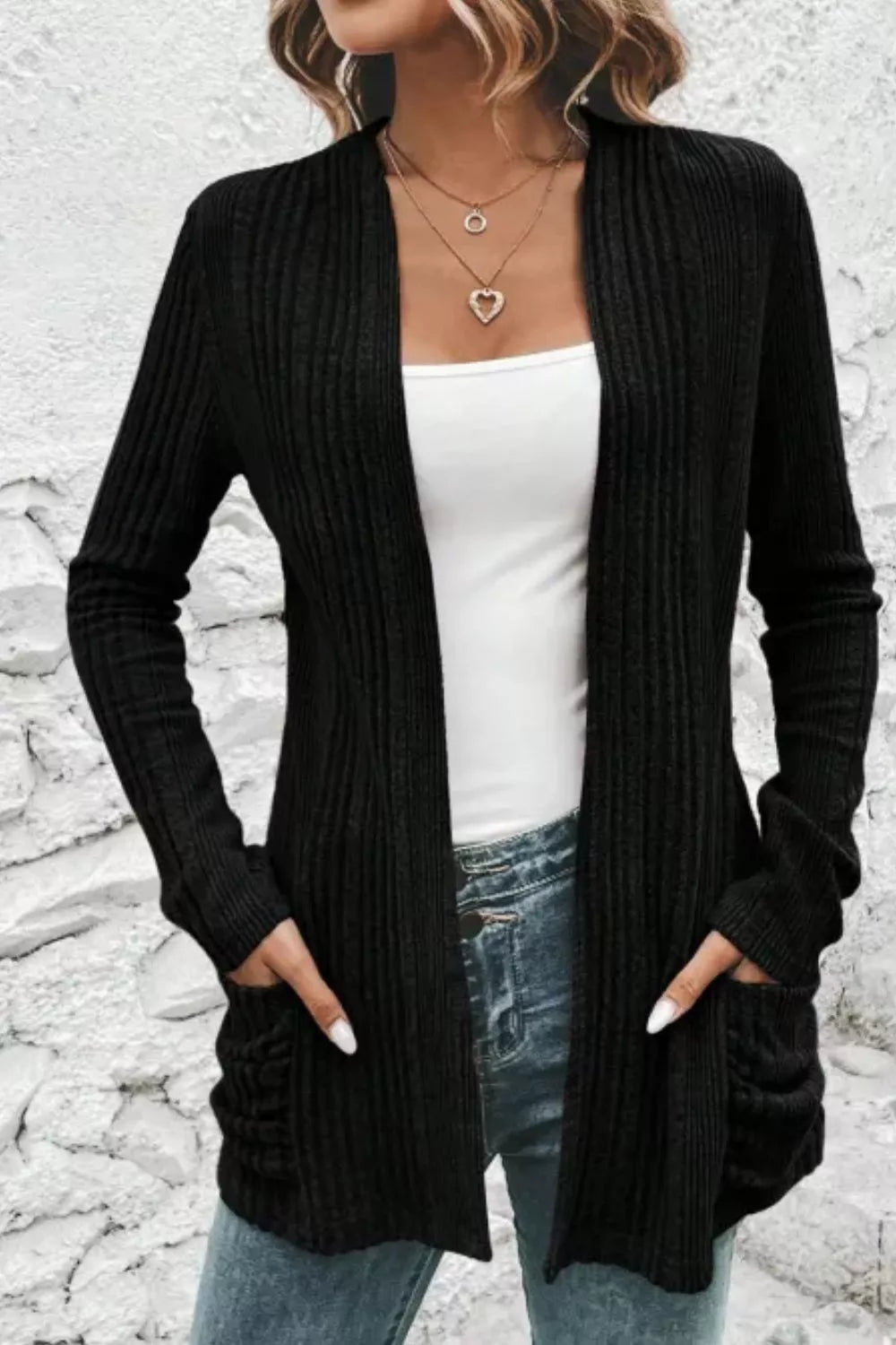 Ribbed Knit Open Front Cardigan with Pockets 