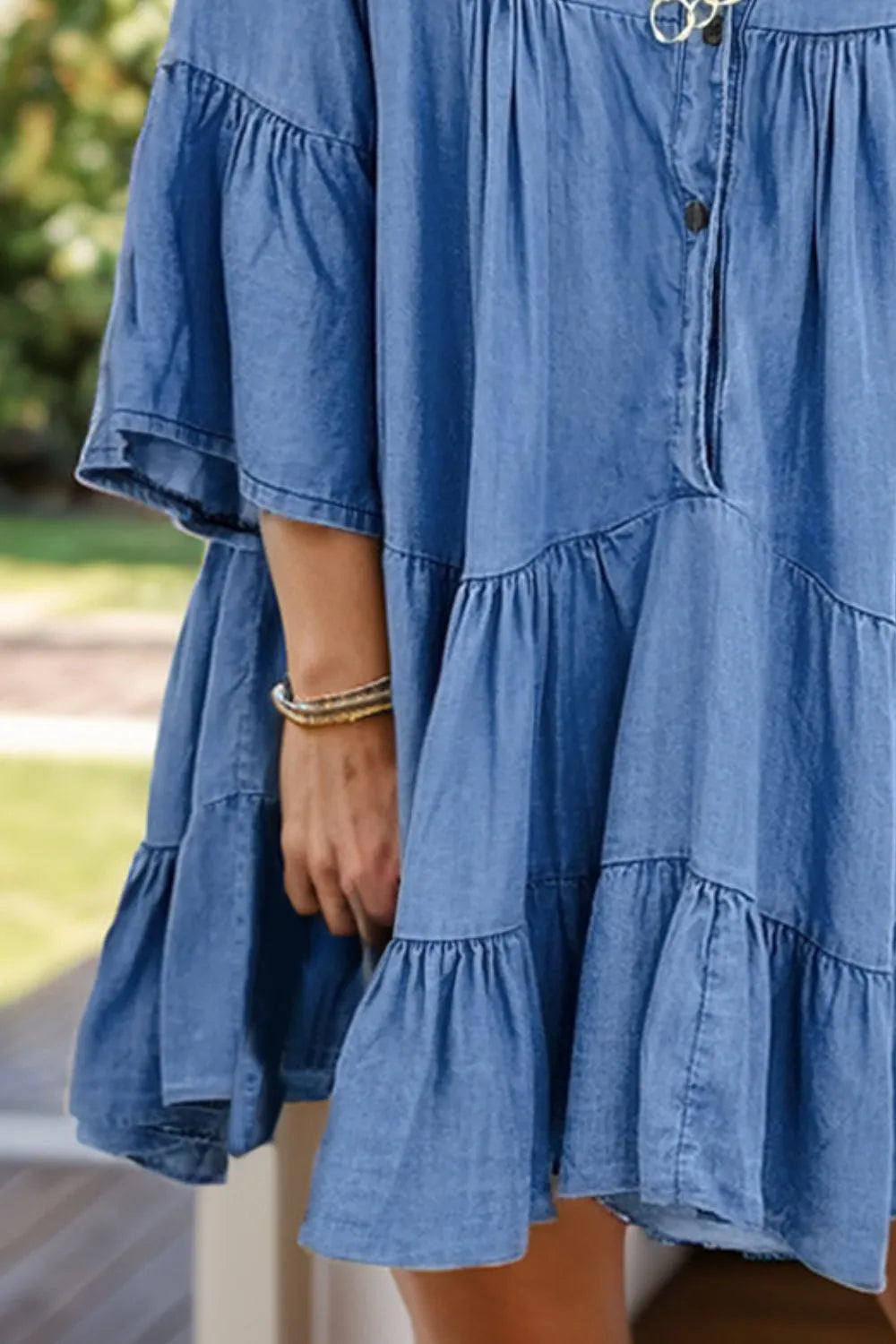 Notched Flare Sleeve Denim Dress 