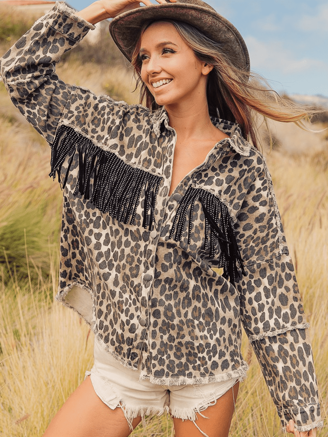 Leopard Fringe Detail Collared Neck Denim Jacket 
