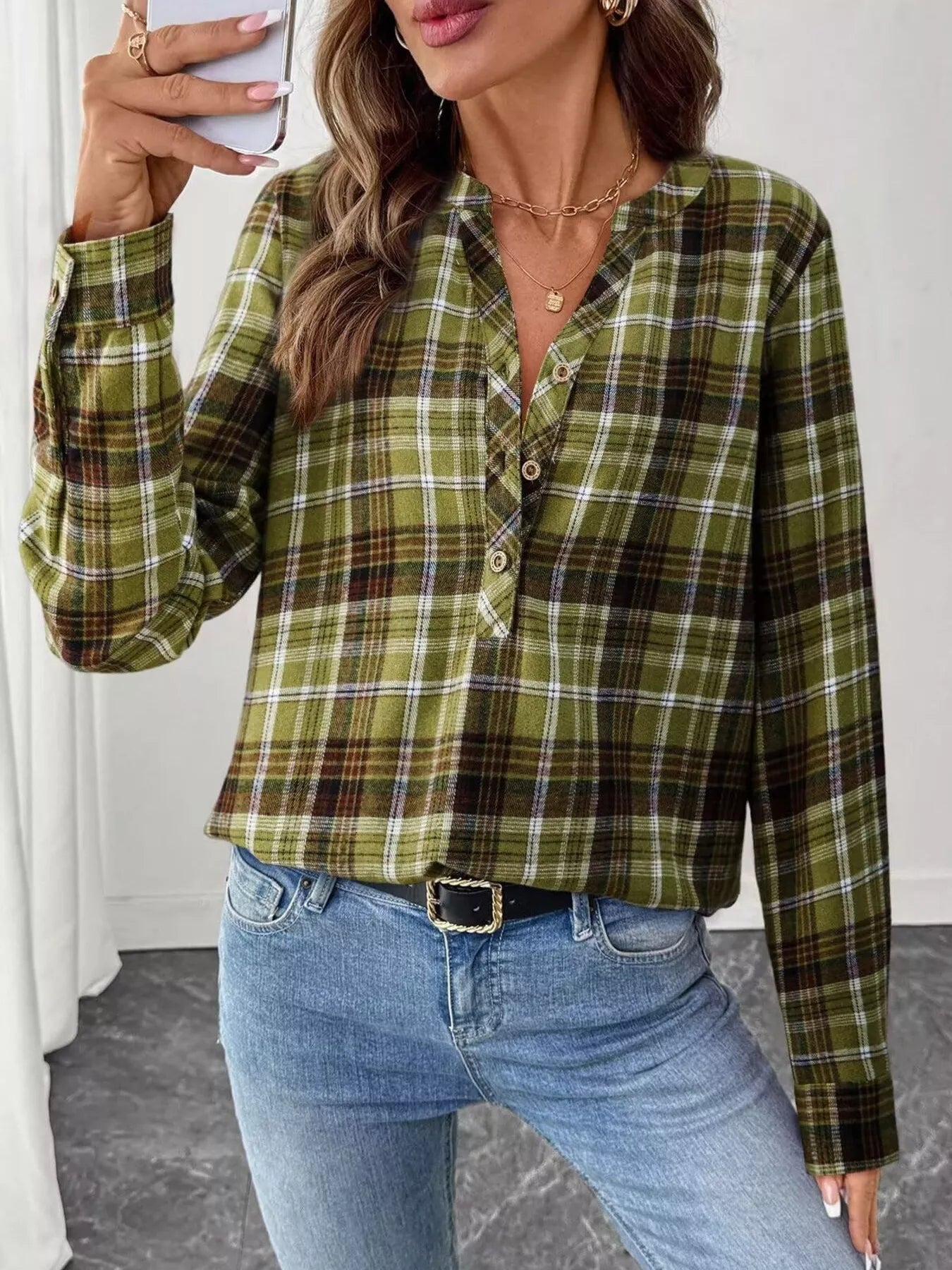 Plaid Half Button Long Sleeve Blouse 