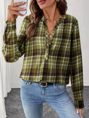 Plaid Half Button Long Sleeve Blouse 