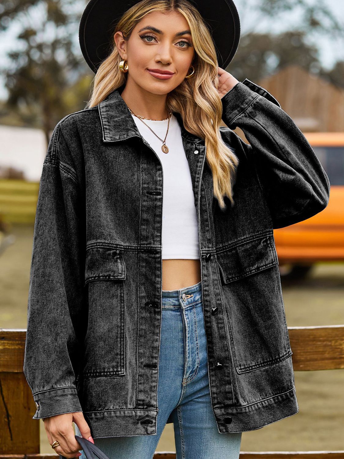Dropped Shoulder Denim Jacket with Pockets 