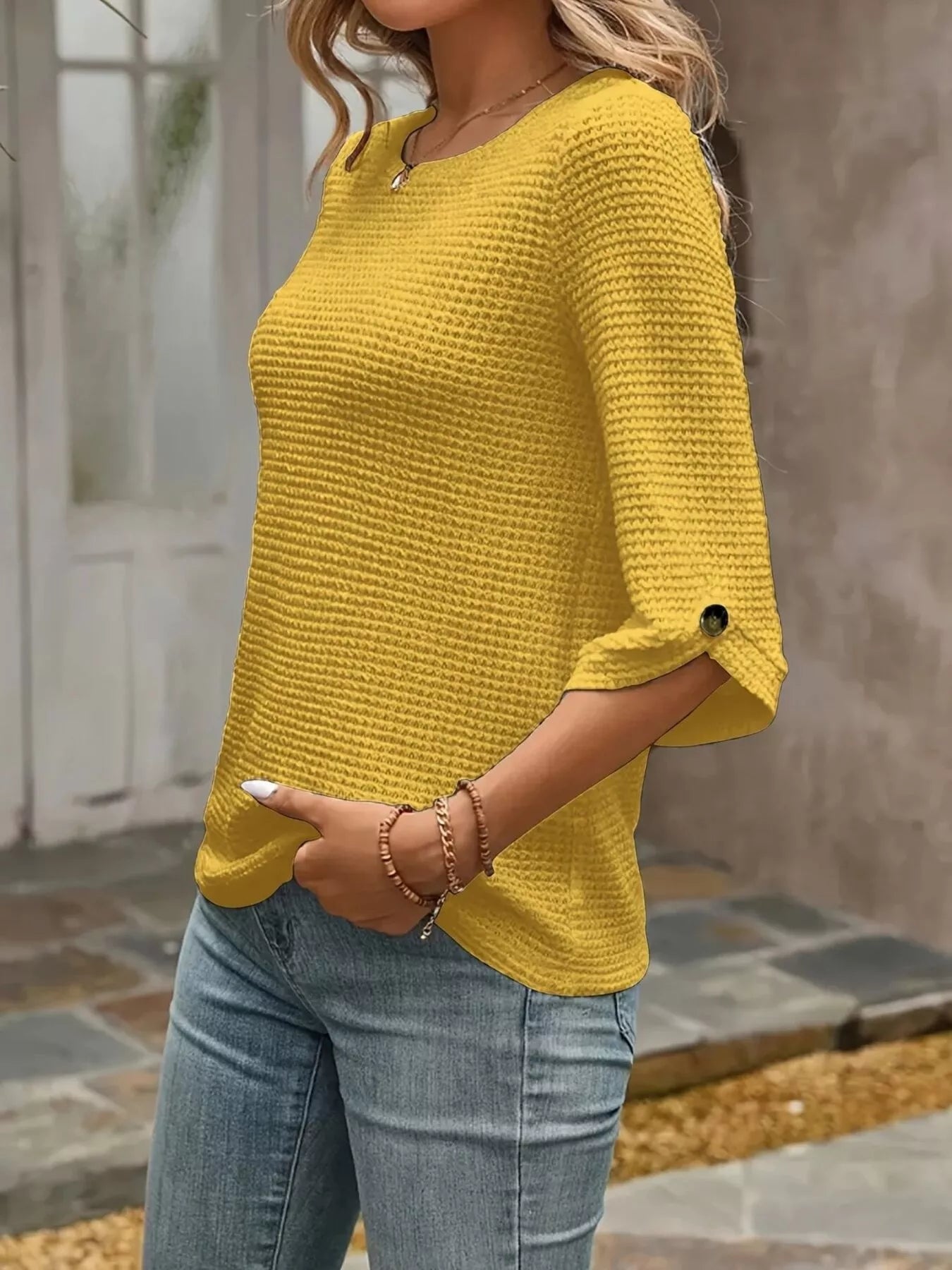 Textured Waffle Knit Three-Quarter Sleeve T-Shirt 