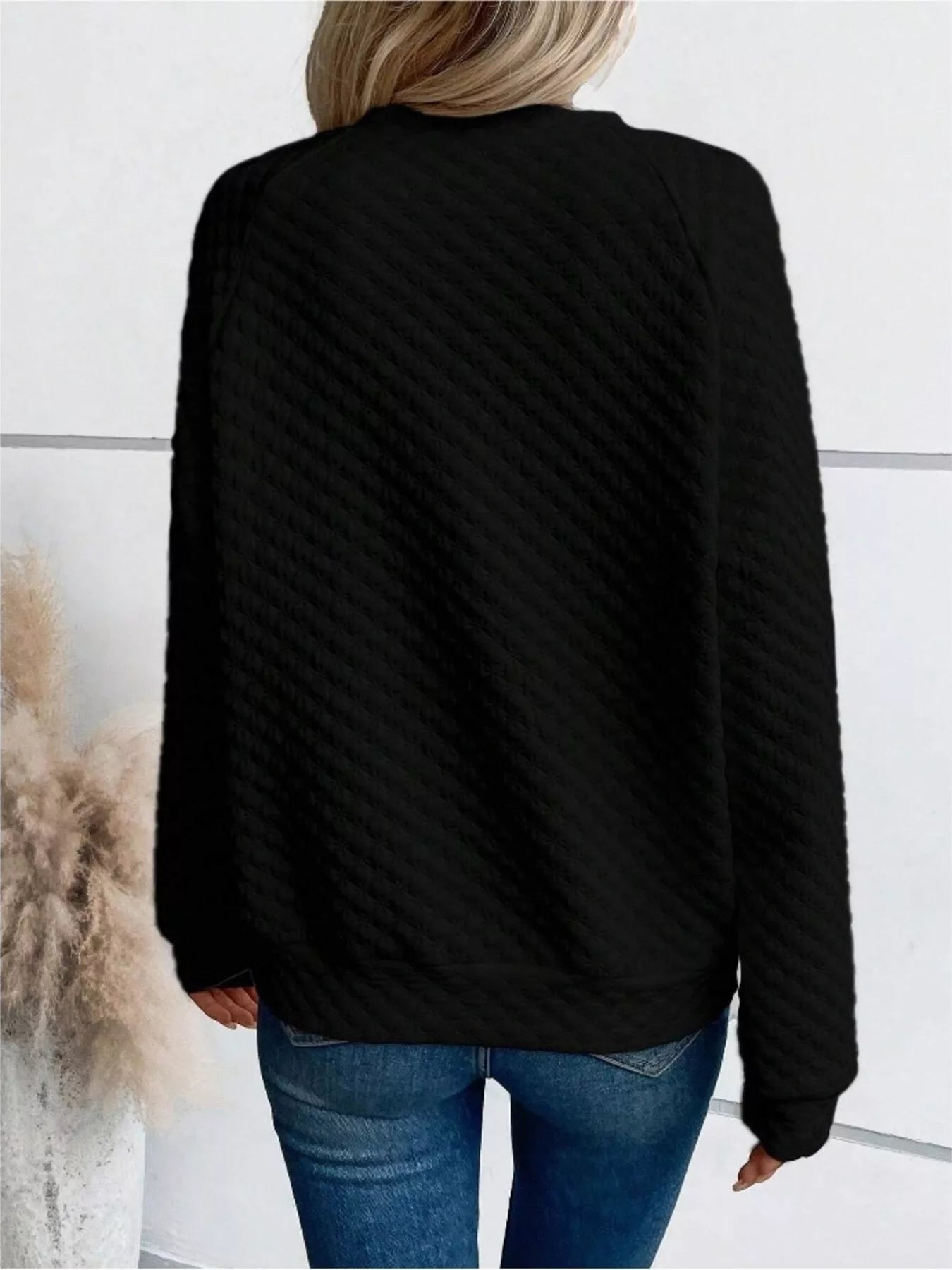 Textured Notched Raglan Sleeve Sweatshirt 