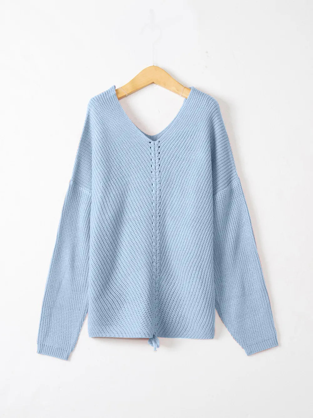 Full Size Lace Up V-Neck Long Sleeve Sweater 