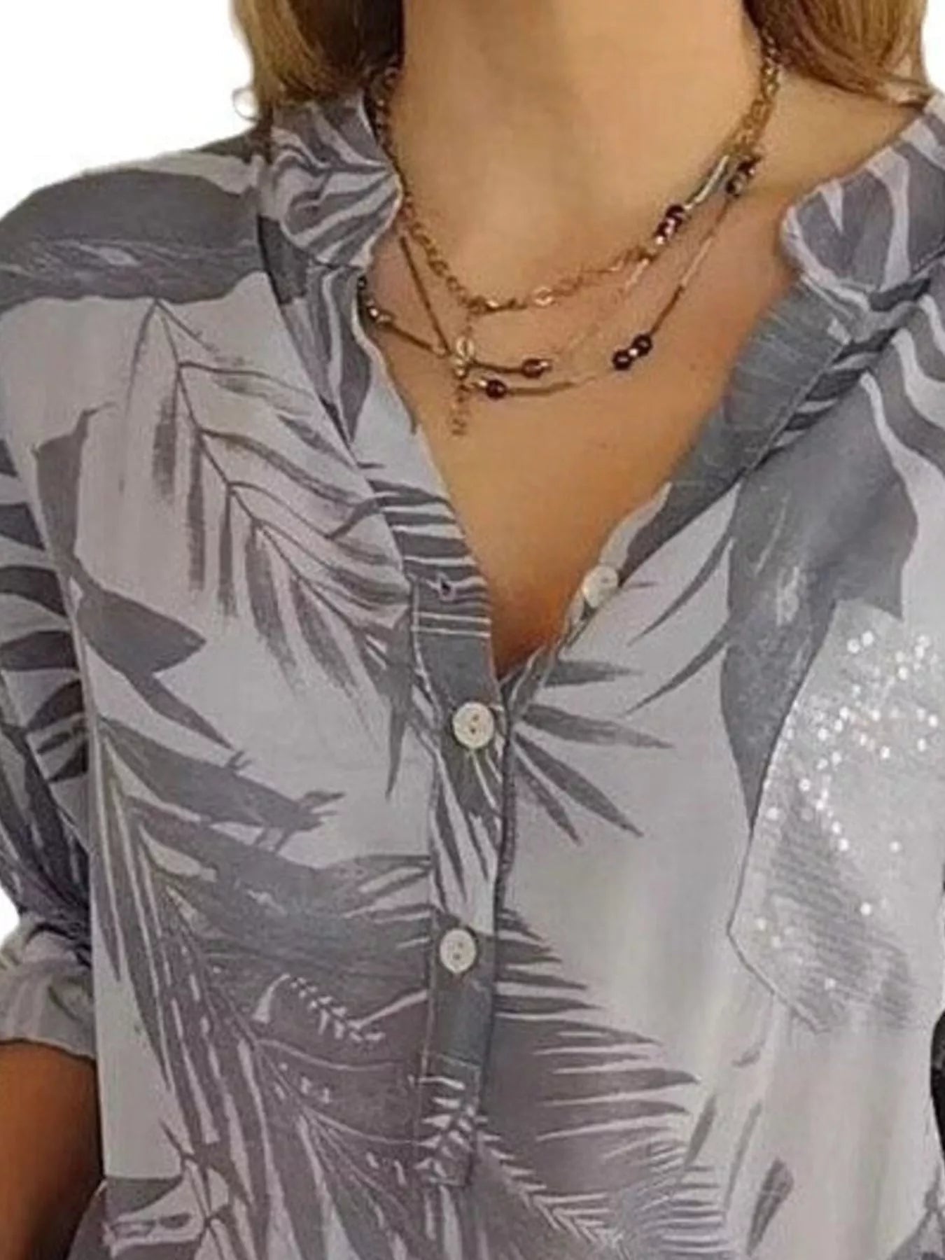 Full Size Printed Button Detail Long Sleeve Blouse Plus Size 