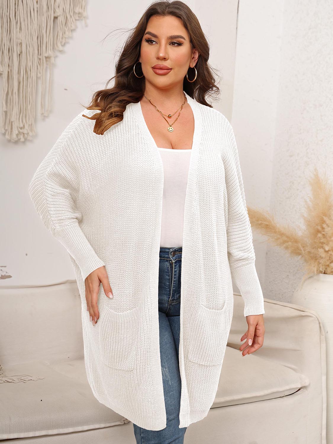 Plus Size Open Front Cardigan With Pockets 