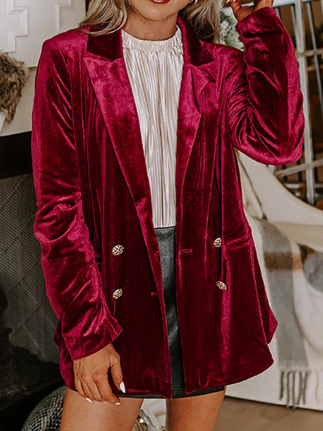 Velvet Lapel Collar Button Up Blazer 