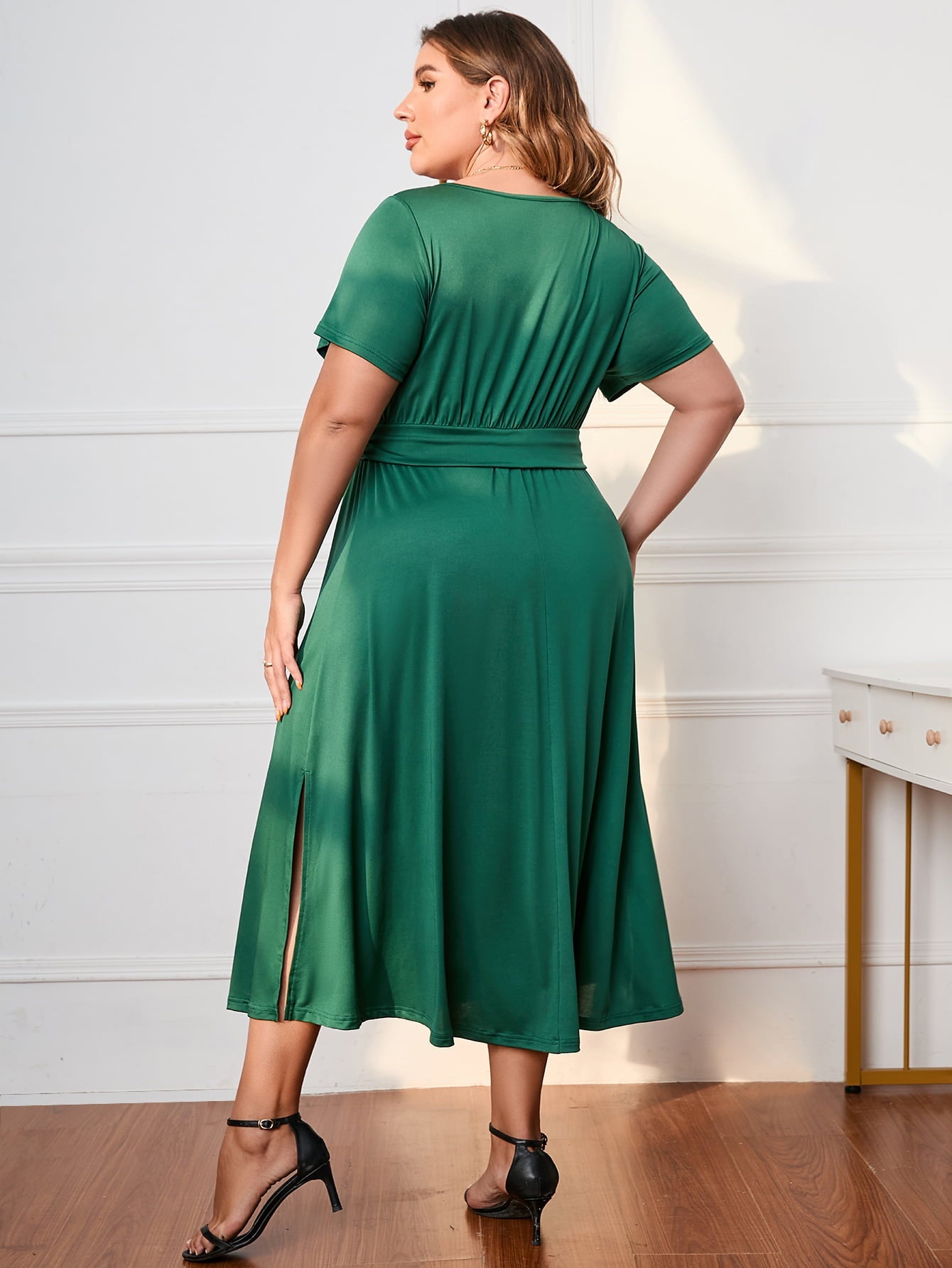 Honey Plus Size Short Sleeve Surplice Neck Midi Dress 