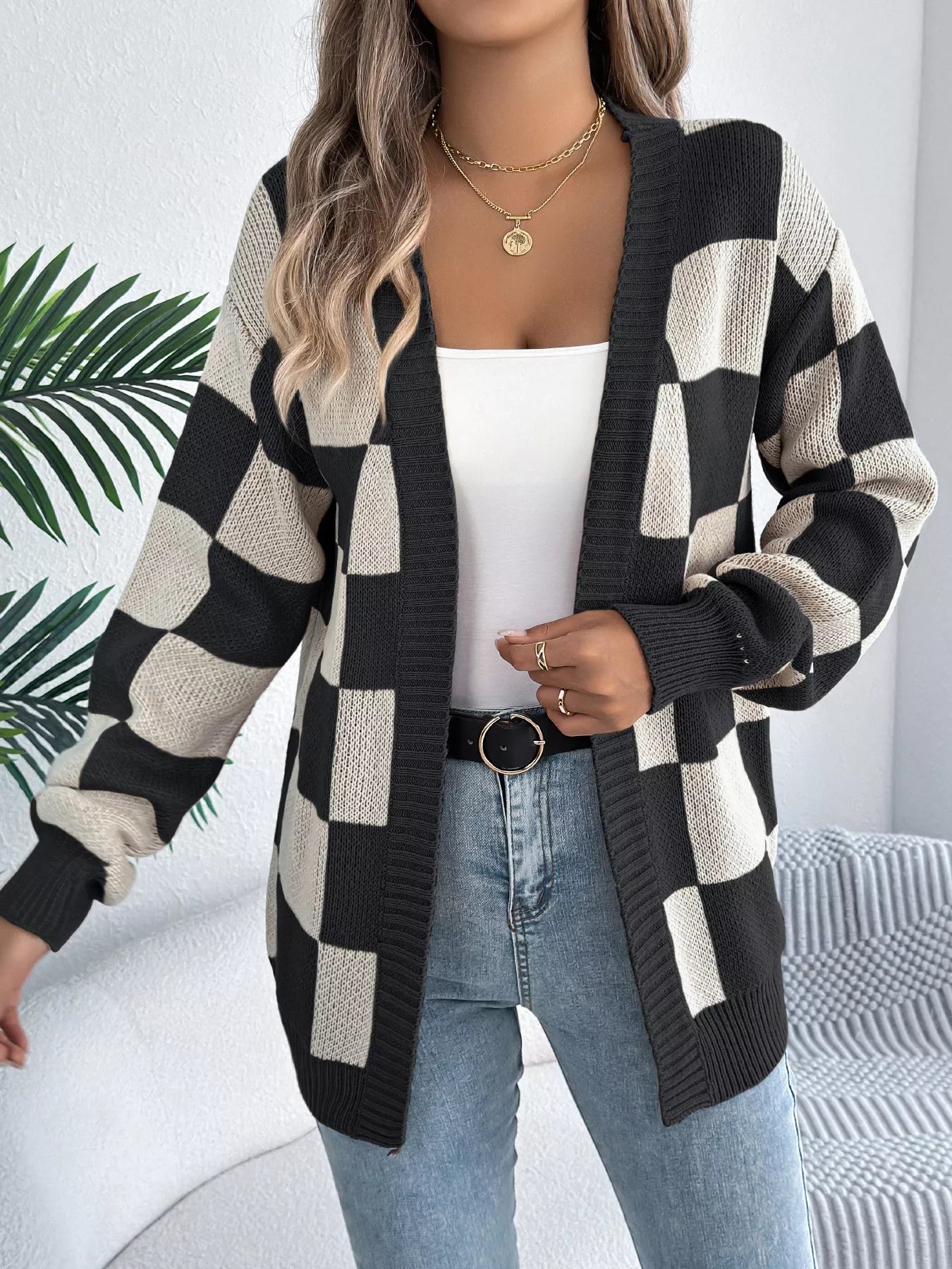 Checkered Pattern Open Front Cardigan 