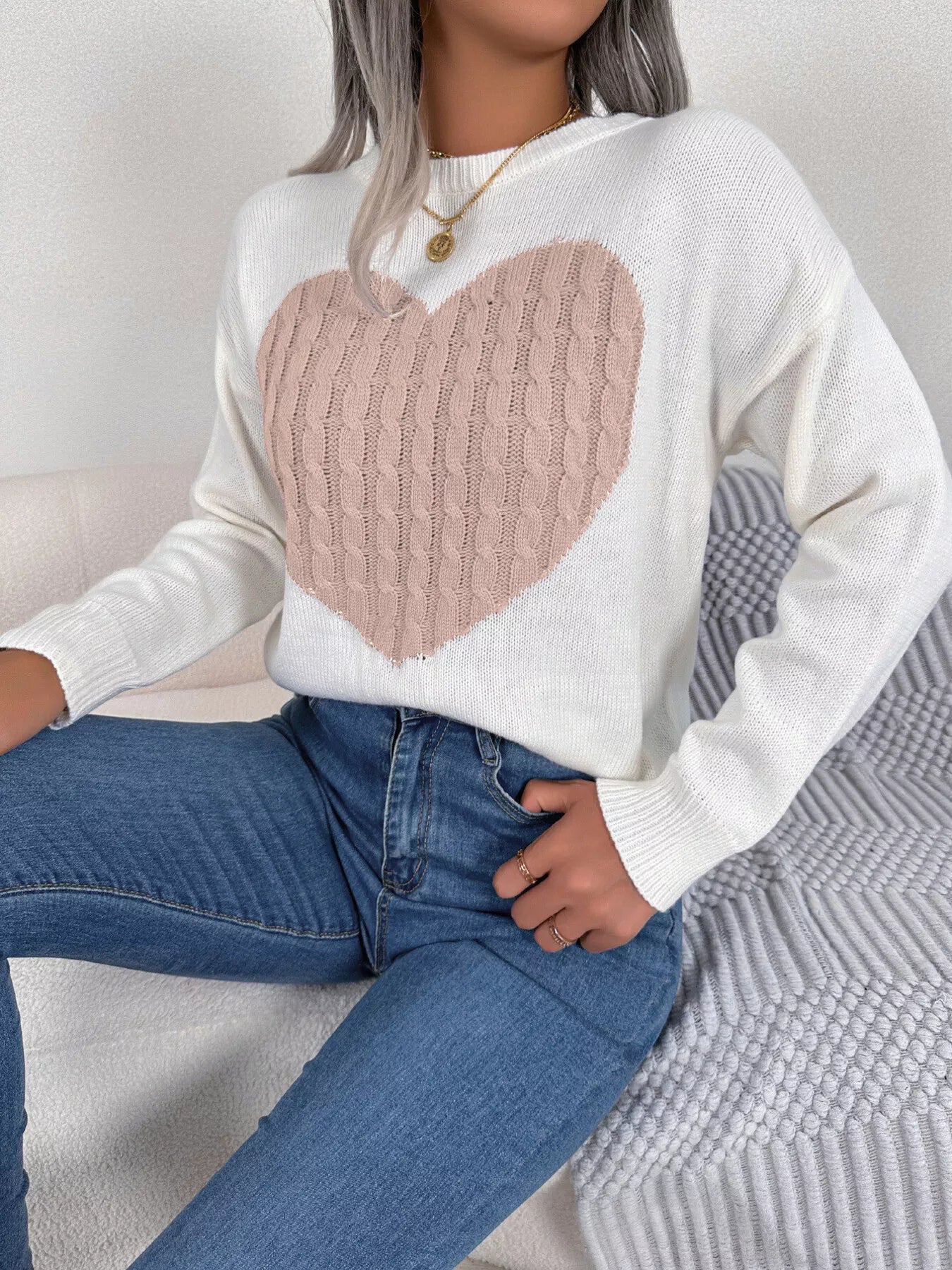 Cable Knit Heart Round Neck Sweater 
