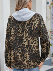 Pocketed Leopard Long Sleeve Denim Jacket 