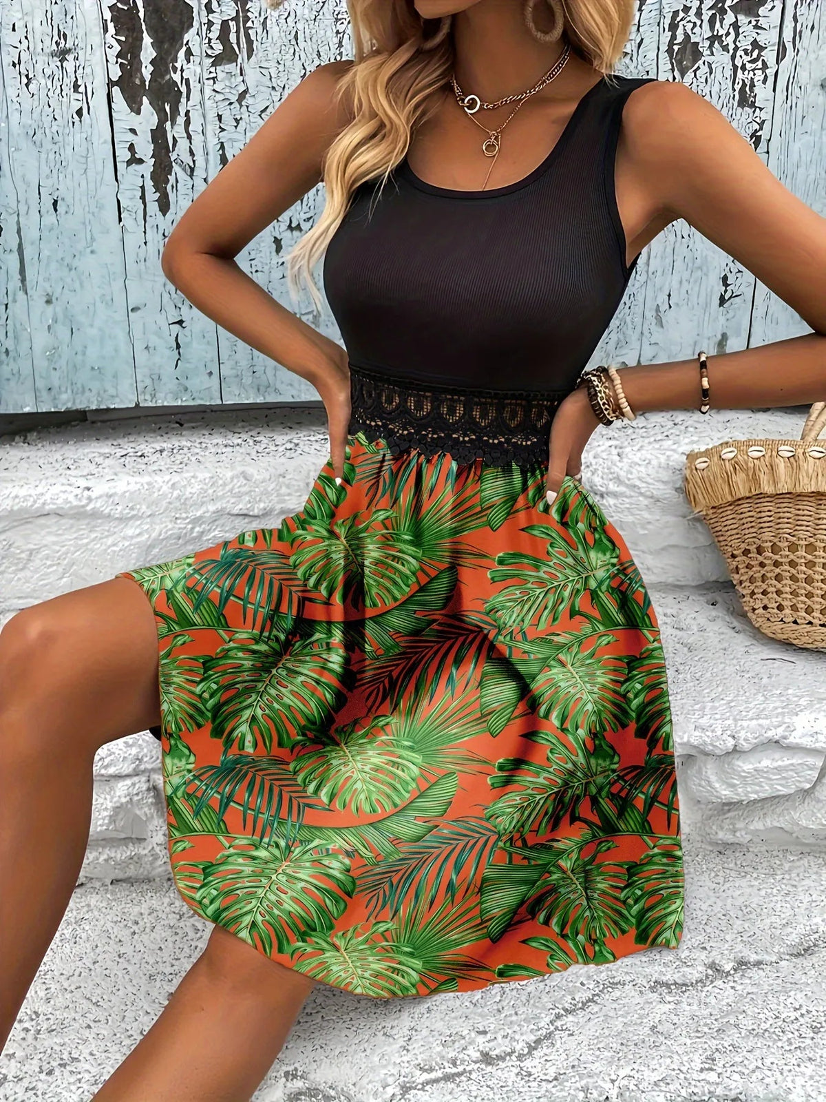 Tropical Print Sleeveless Summer Dress with Lace Waist Detail 