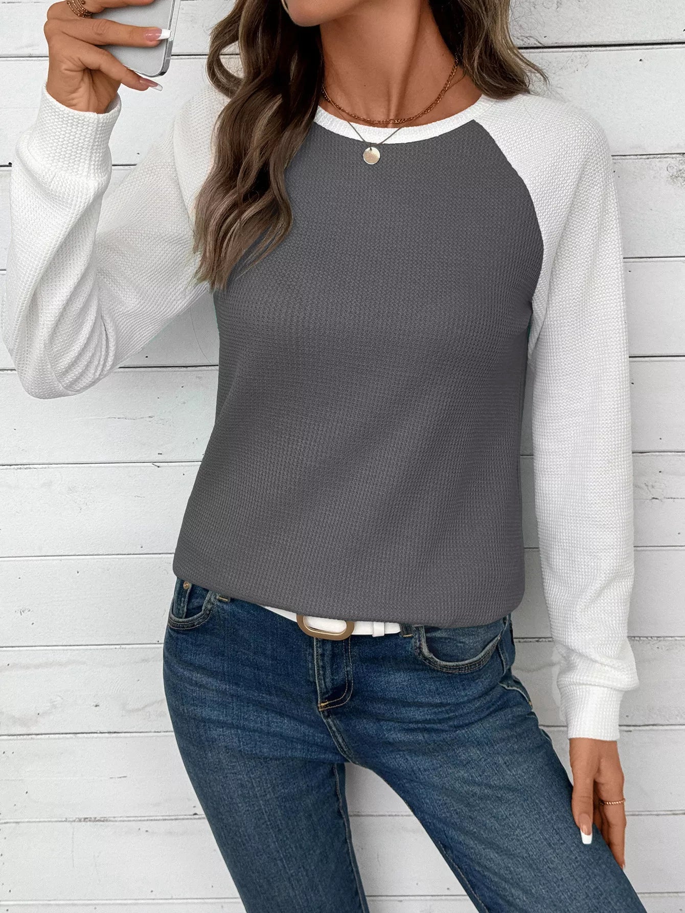 Contrast Raglan Sleeve Waffle Knit T-Shirt 