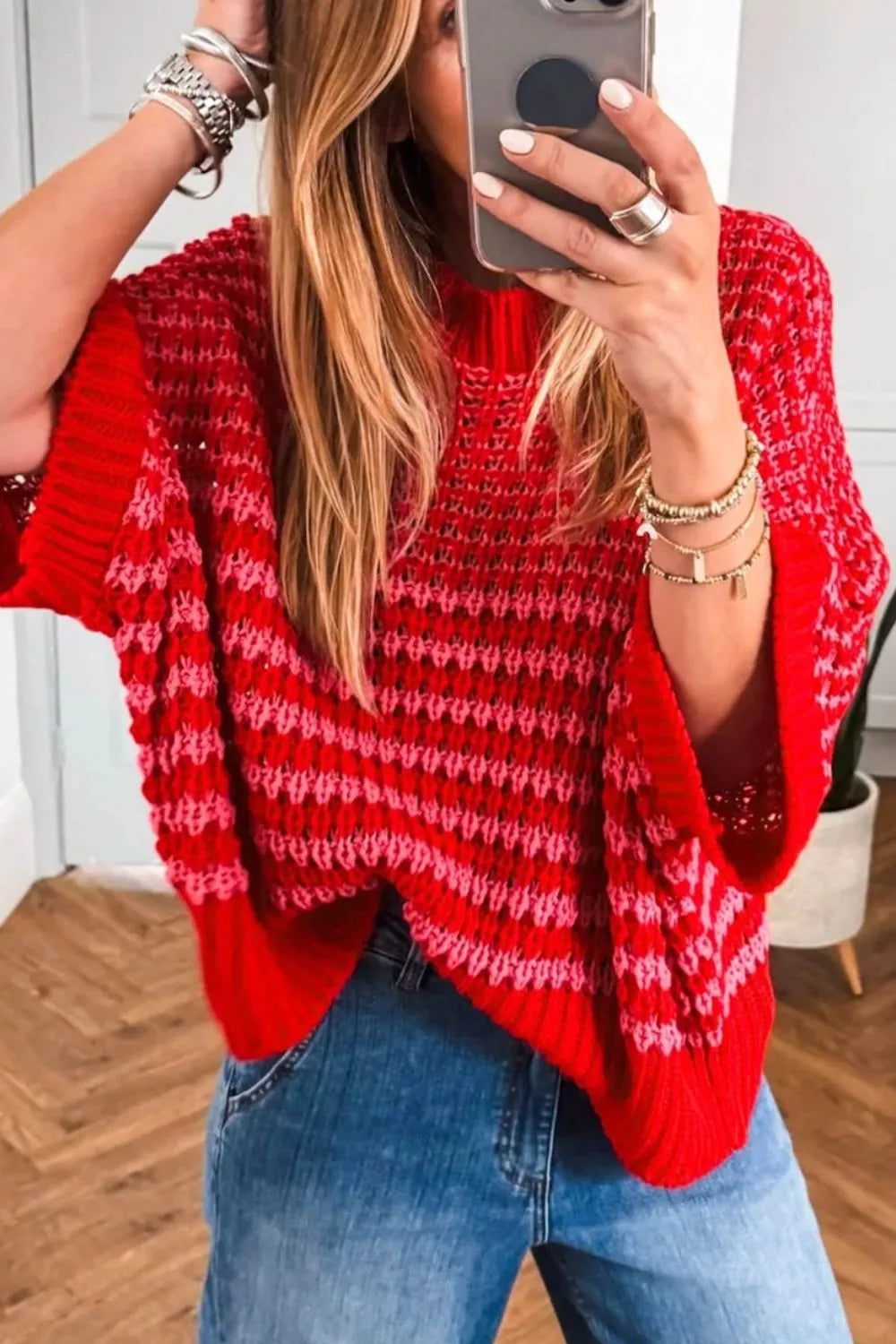 Stripe Wavy Crochet Eyelet Detail Ruffle Half Sleeve Sweater 