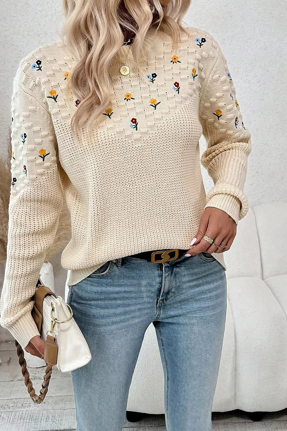 Floral Round Neck Dropped Shoulder Sweater 