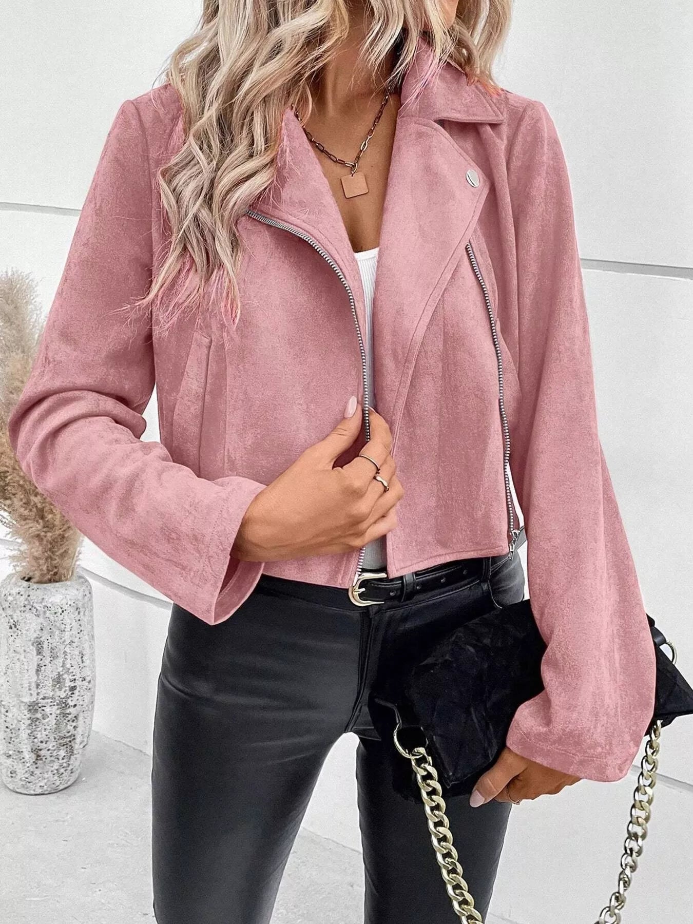 Suede Moto Jacket with Zip Detail 