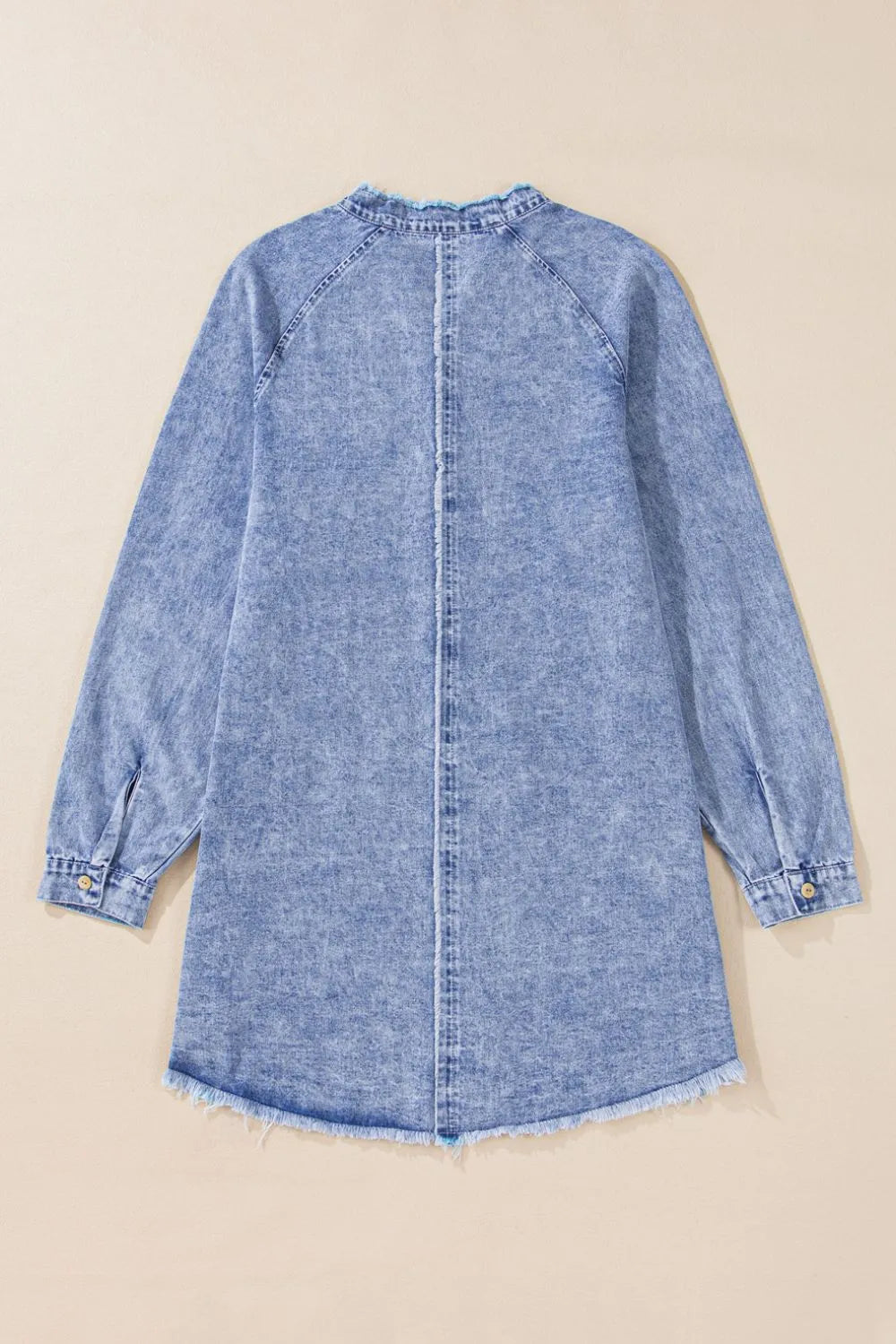 Raw Hem Button Down Long Sleeve Denim Dress 