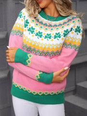 Clover Pattern Round Neck Knitted Sweater 