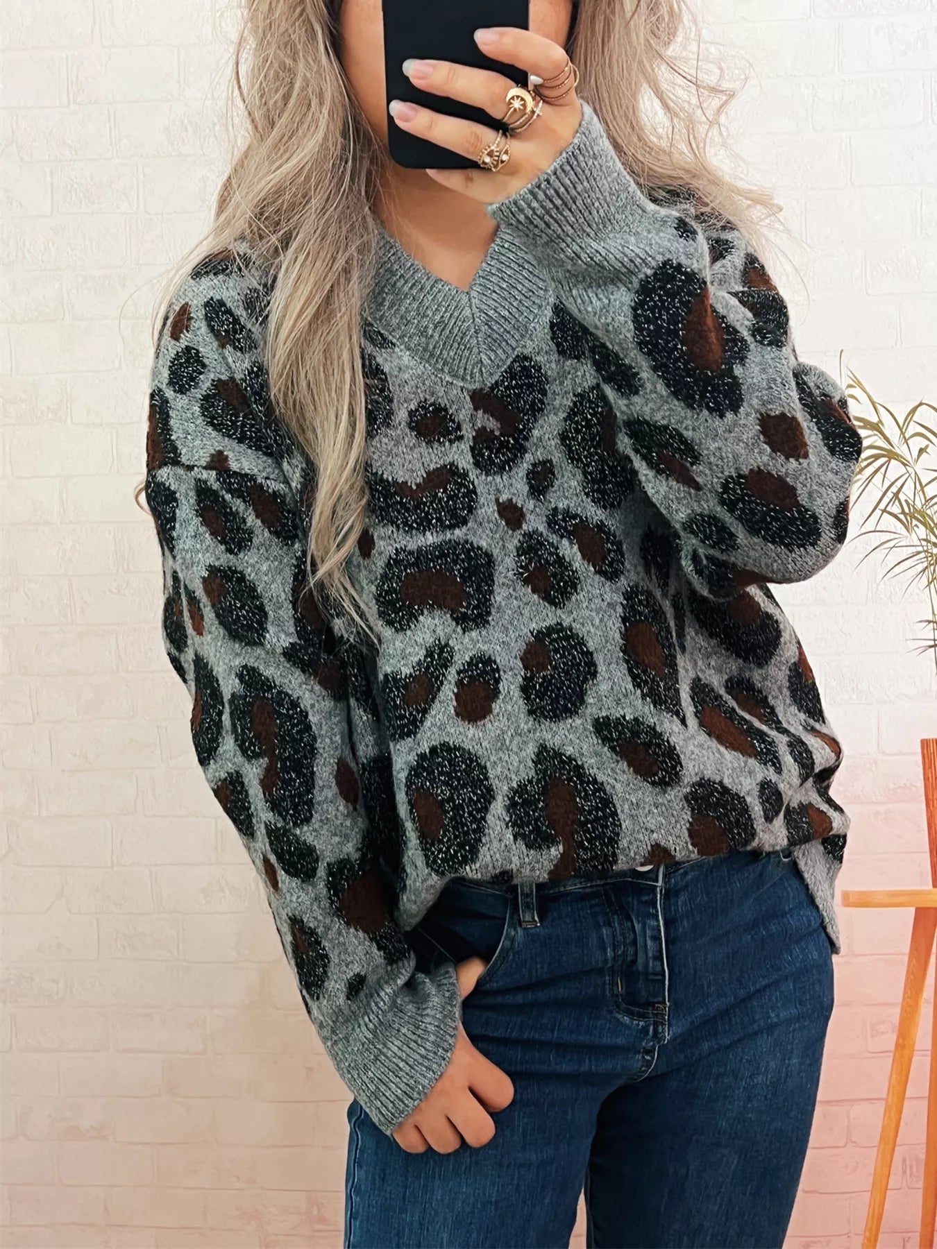 Leopard V-Neck Drop Shoulder Sweater 