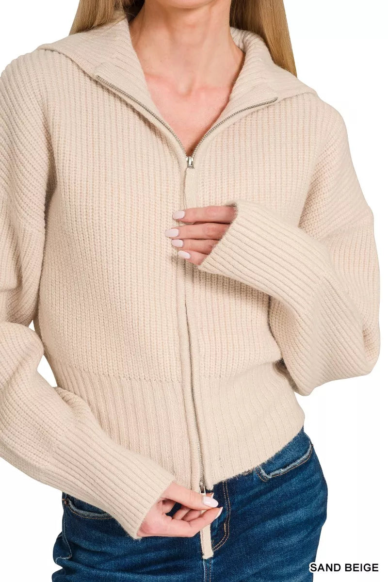 Zenana Ribbed Collared Zip Up Sweater Cardigan 