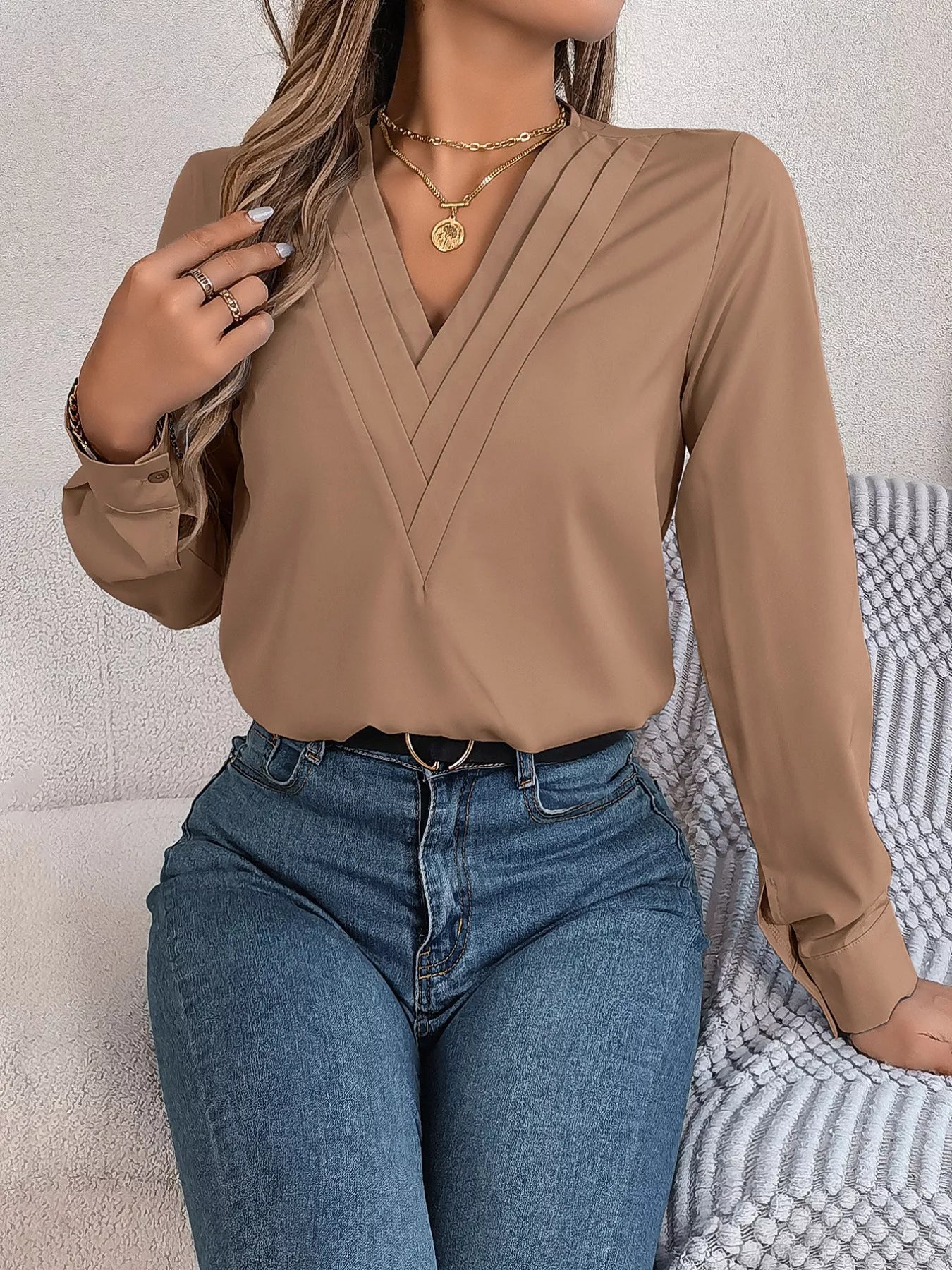 Layered V-Neck Long Sleeve Blouse 
