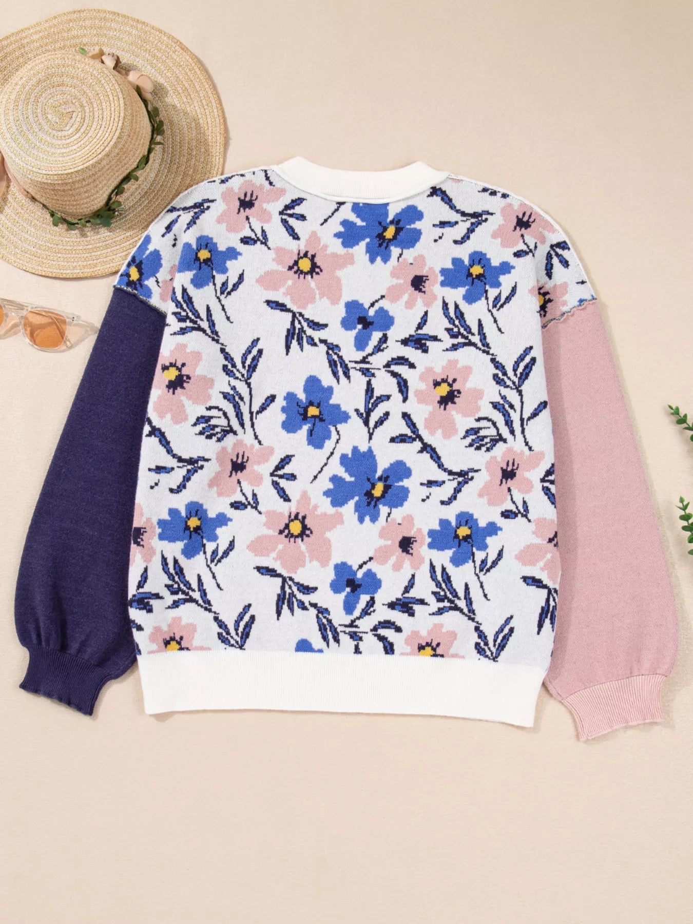 Floral Panel Colorblock Sleeve Patchwork Sweater 
