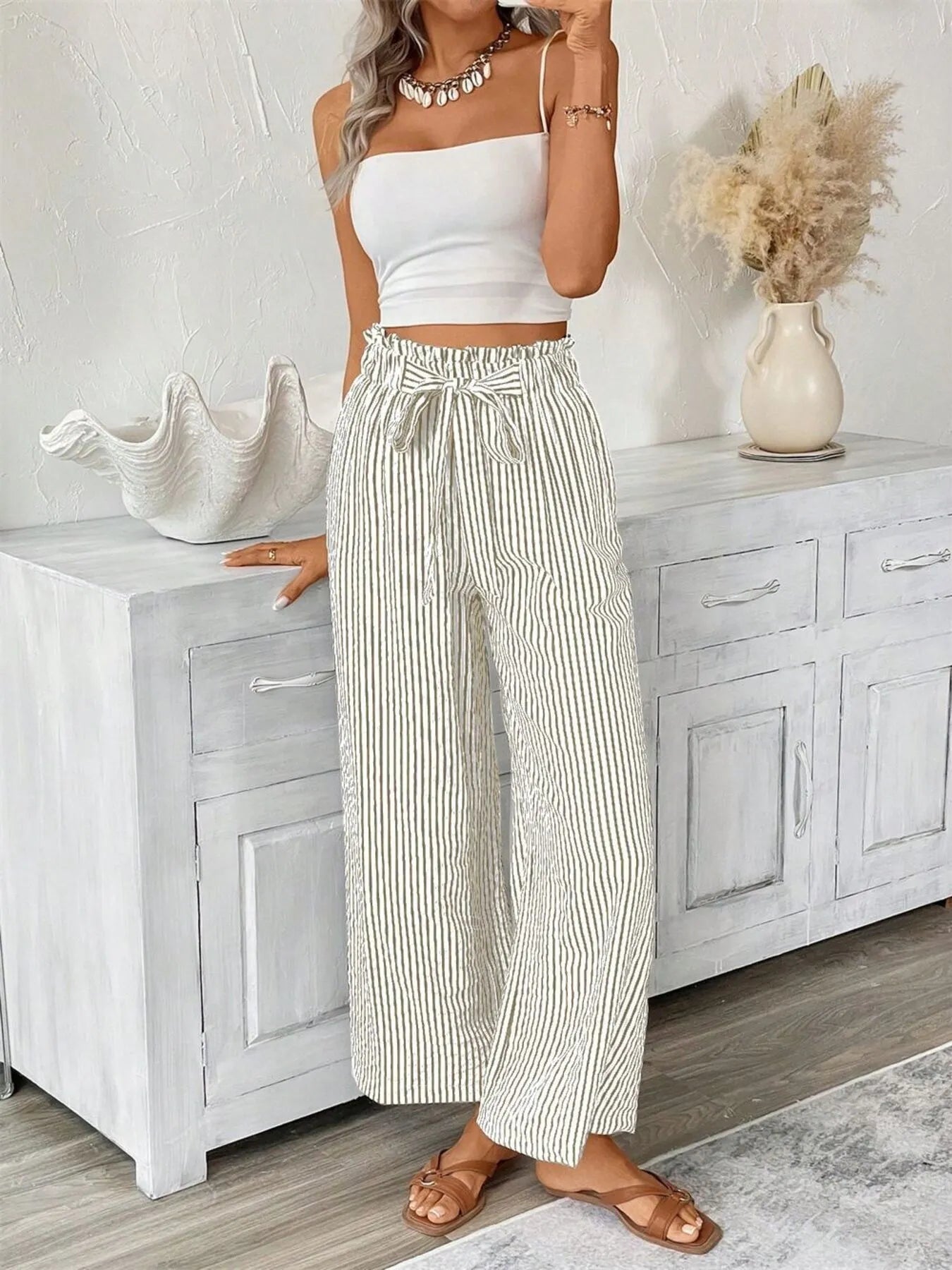 Full Size Striped Wide Leg Paper Bag Pants Plus Size 