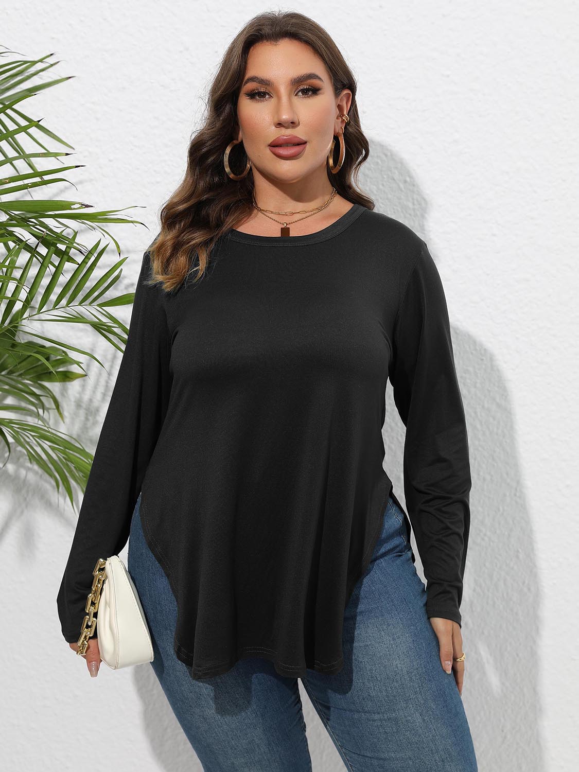 Plus Size Round Neck Long Sleeve Slit T-Shirt 