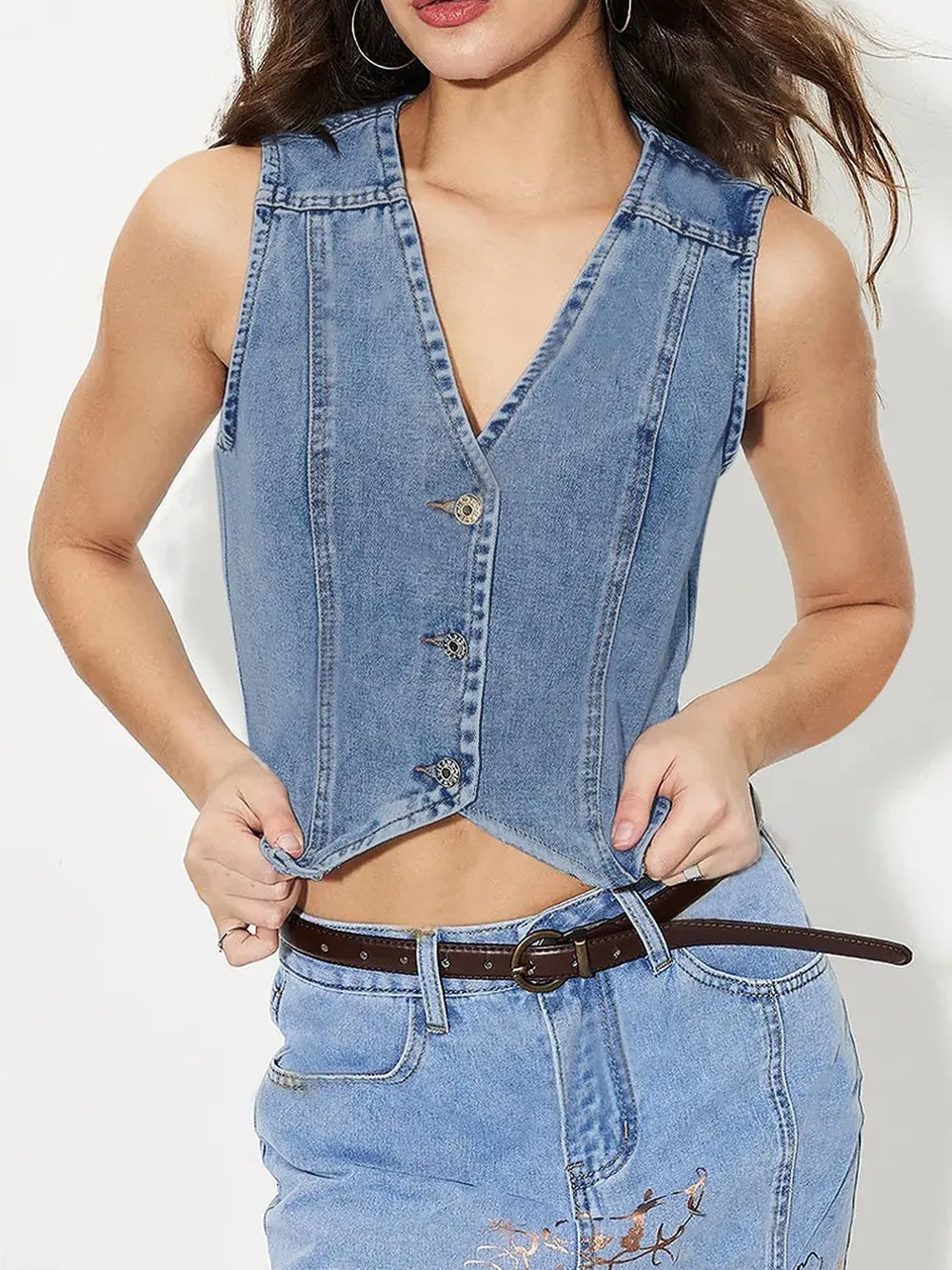 V-Neck Button Up Denim Vest 
