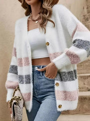 Striped Fuzzy Knit Button-Up Cardigan 