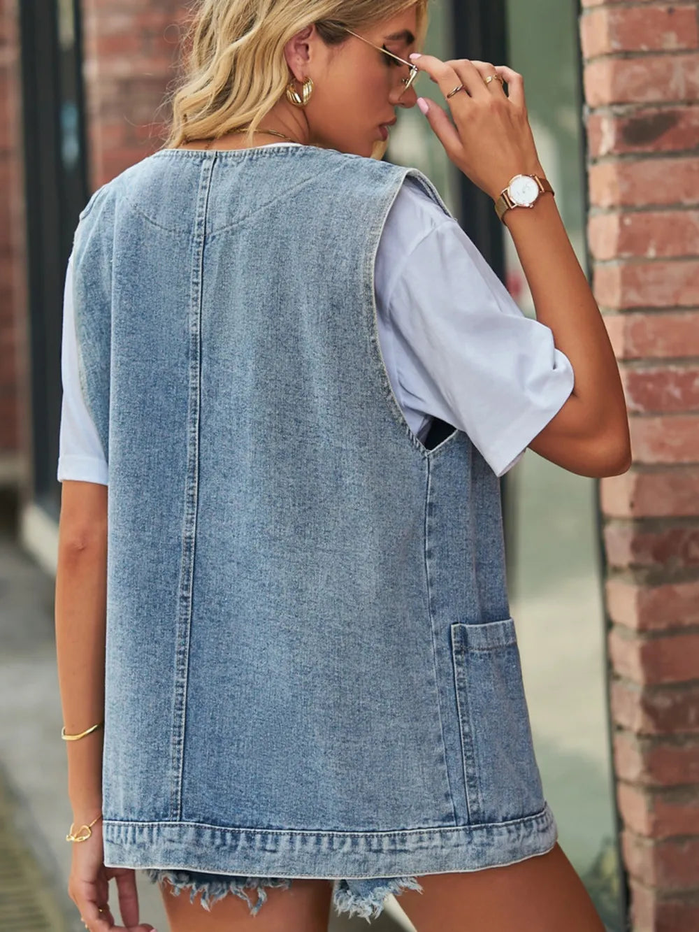 Full Size V-Neck Button Up Denim Vest 