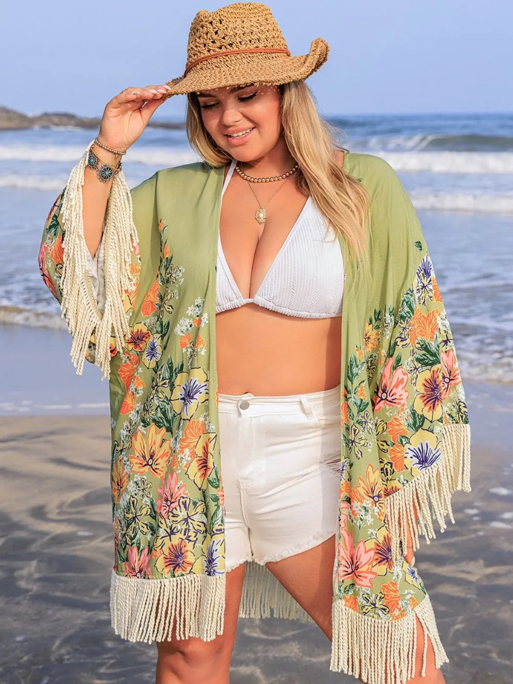 Plus Size Fringe Open Front Cover-Up 