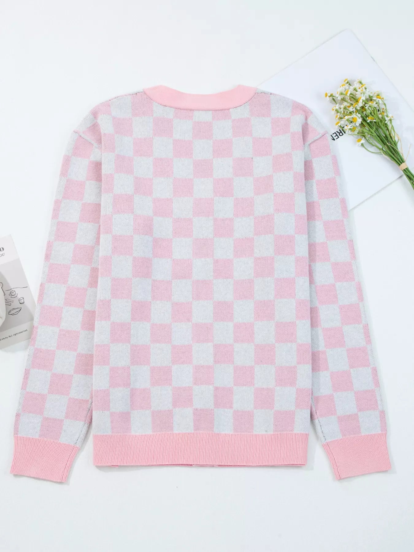 Christmas Tree Pattern Checkered Button V Neck Cardigan 
